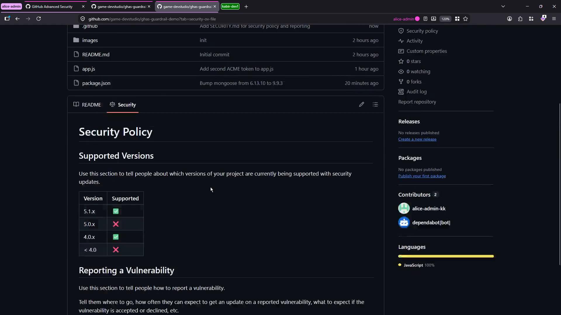 A dark-mode screenshot of a GitHub repository's Security tab displaying a "Security Policy" page with a "Supported Versions" table and a "Reporting a Vulnerability" section. The right sidebar shows repo details like contributors, releases, and language statistics.