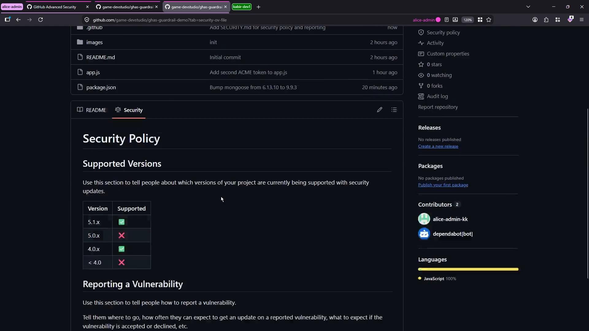 A dark-mode screenshot of a GitHub repository's Security tab displaying a "Security Policy" page with a "Supported Versions" table and a "Reporting a Vulnerability" section. The right sidebar shows repo details like contributors, releases, and language statistics.