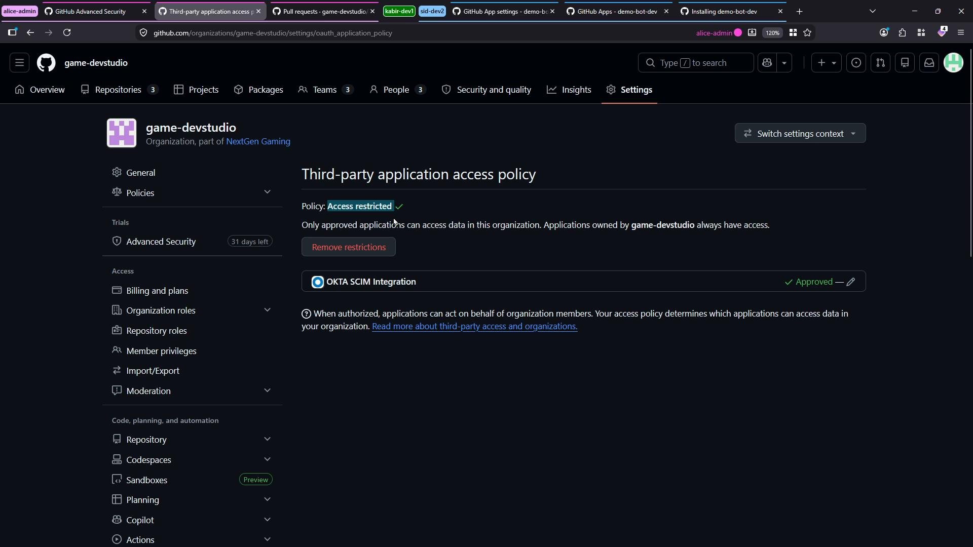 A screenshot of the GitHub organization "game-devstudio" Settings page showing the "Third-party application access policy" set to "Access restricted." The page lists an approved "OKTA SCIM Integration" application.