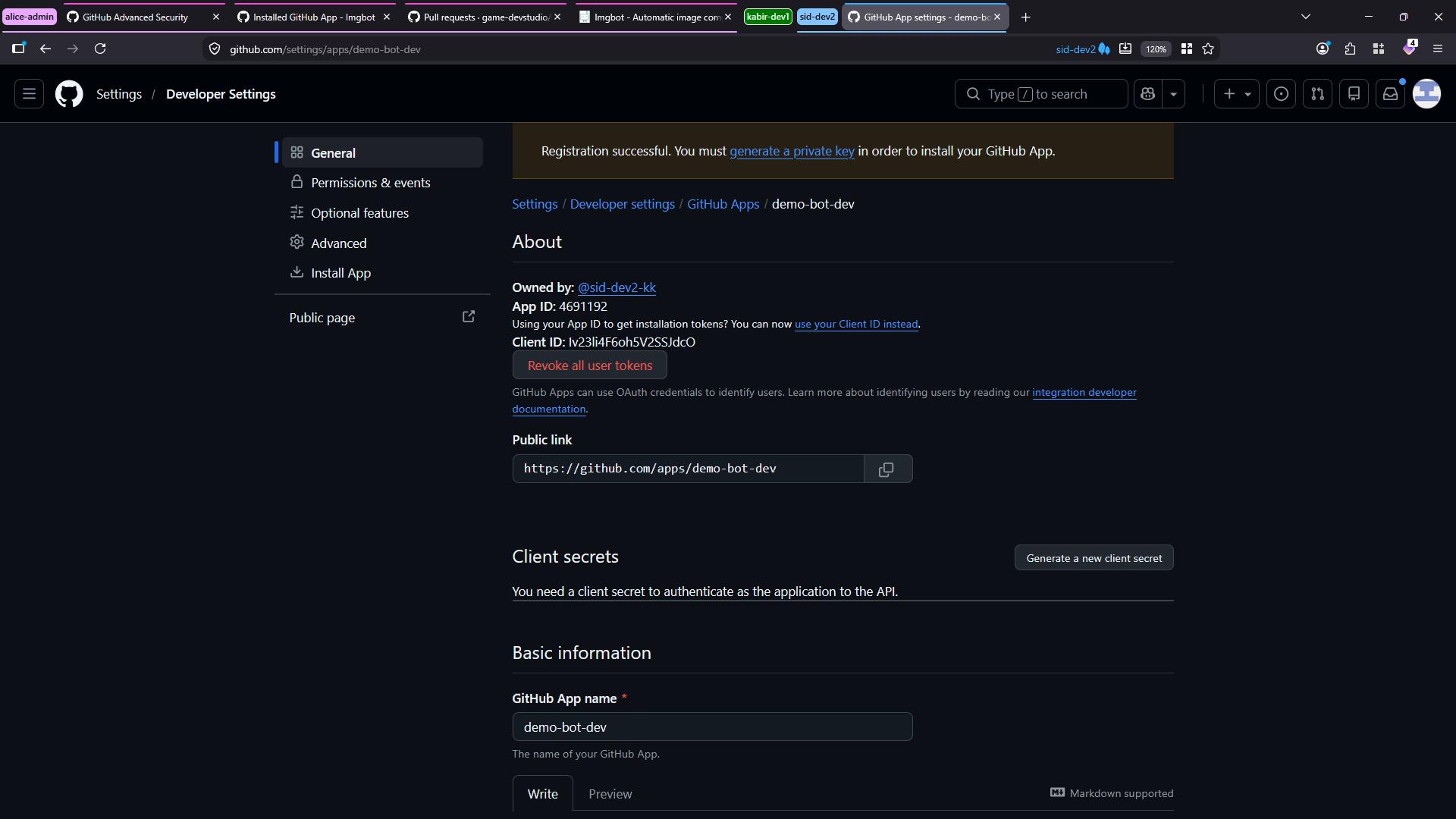 A dark‑mode screenshot of the GitHub Developer Settings page for a GitHub App named "demo-bot-dev." The About section is visible, showing the App ID/Client ID, a public link, and options to revoke tokens or generate client secrets.