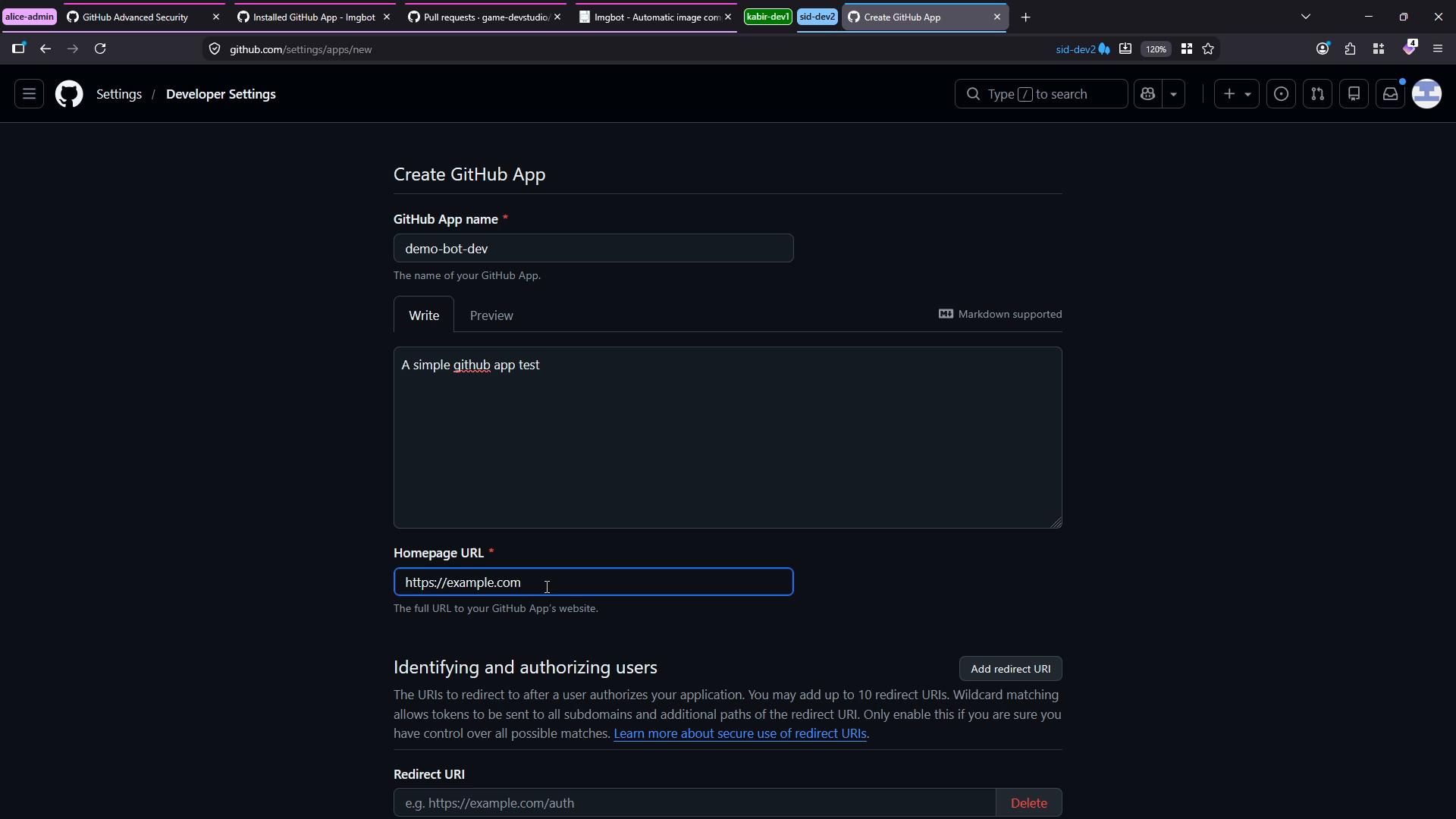 A dark‑themed screenshot of the GitHub "Create GitHub App" page in Developer Settings, showing fields like "GitHub App name" filled with "demo-bot-dev" and a description box. The Homepage URL field contains "https://example.com" and sections for identifying/authorizing users and redirect URIs are visible.