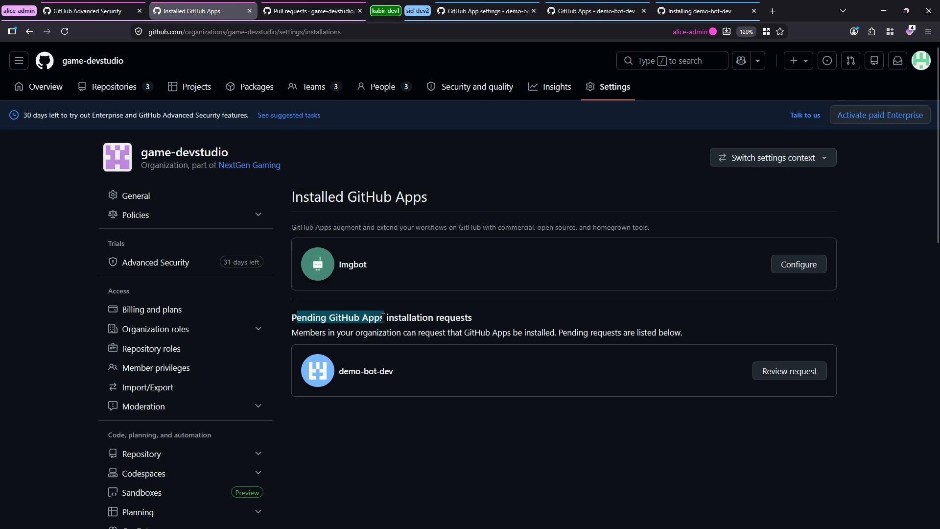Screenshot of the GitHub organization "game-devstudio" settings page in dark mode. The Installed GitHub Apps section shows Imgbot installed and a pending "demo-bot-dev" installation request, with the settings sidebar visible on the left.