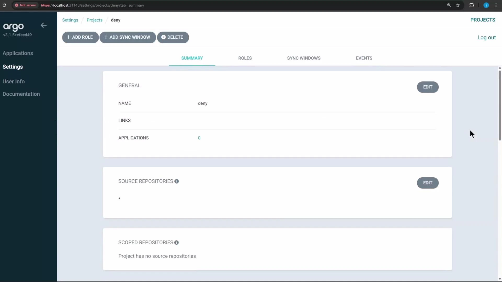 A web UI screenshot of the Argo CD Projects settings page showing the "deny" project summary with general info (name "deny", 0 applications), source repositories set to "*" and no scoped repositories. The top has buttons to add roles/sync windows or delete, and a left navigation pane lists Settings, User Info and Documentation.