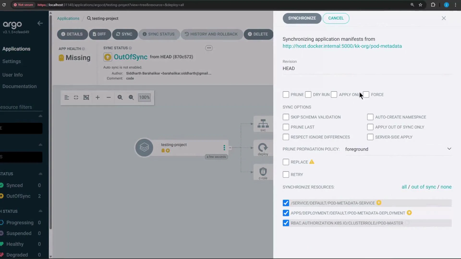 A screenshot of the Argo CD web UI showing an application called "testing-project" marked OutOfSync on the left. The right side displays a "Synchronize" dialog with various sync options and resource checkboxes.