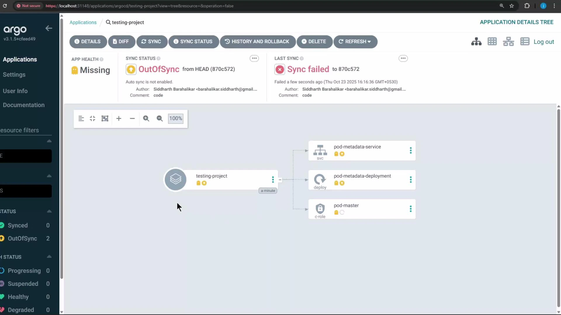 A screenshot of the Argo CD web UI showing the "testing-project" application marked OutOfSync with a "Sync failed" status. The application tree on the right lists resources like pod-metadata-service, pod-metadata-deployment, and pod-master.