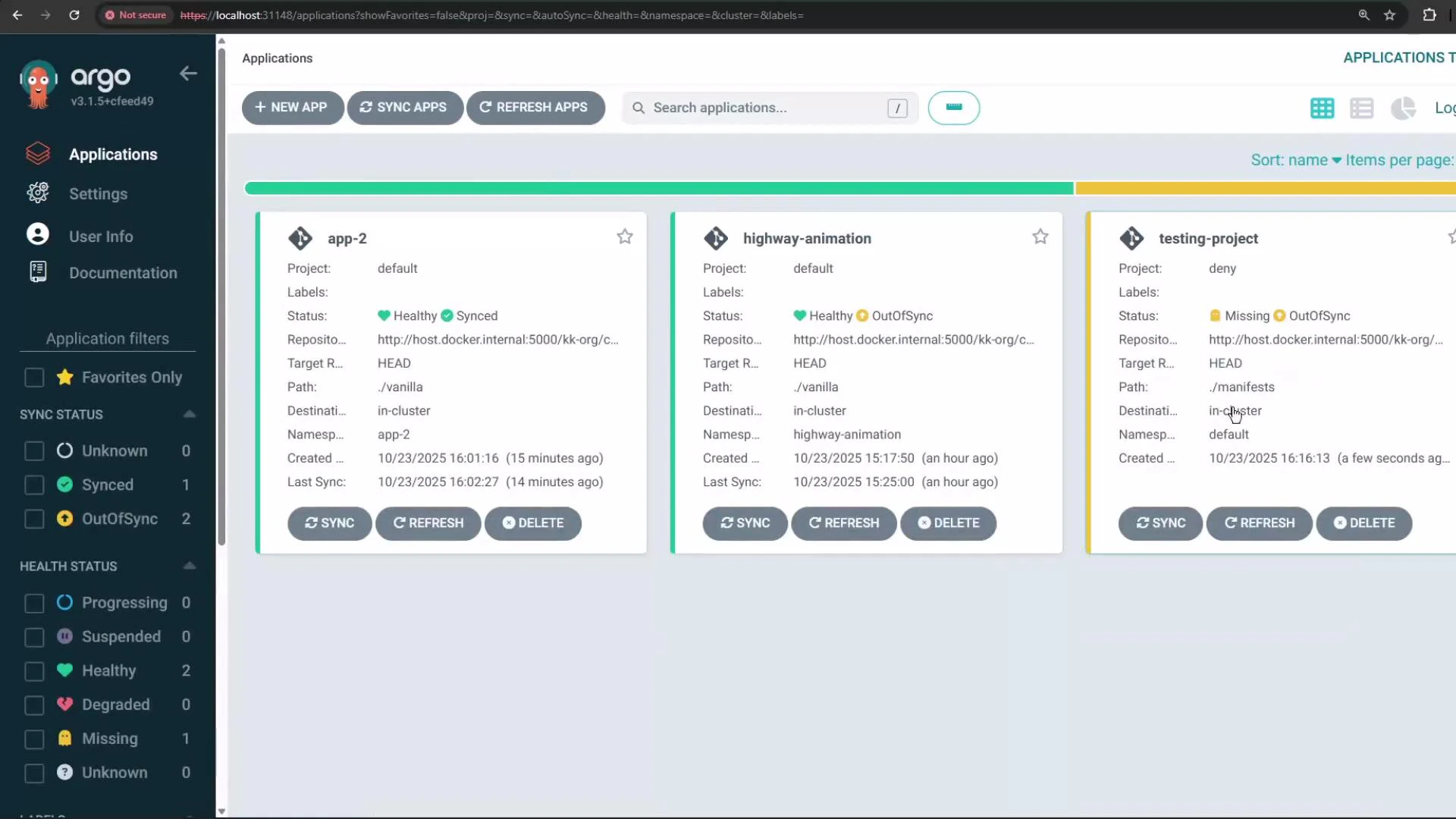 A screenshot of the Argo CD web UI showing three application cards (app-2, highway-animation, testing-project) with status badges and Sync/Refresh/Delete buttons. The left sidebar shows navigation and filters for sync and health status.