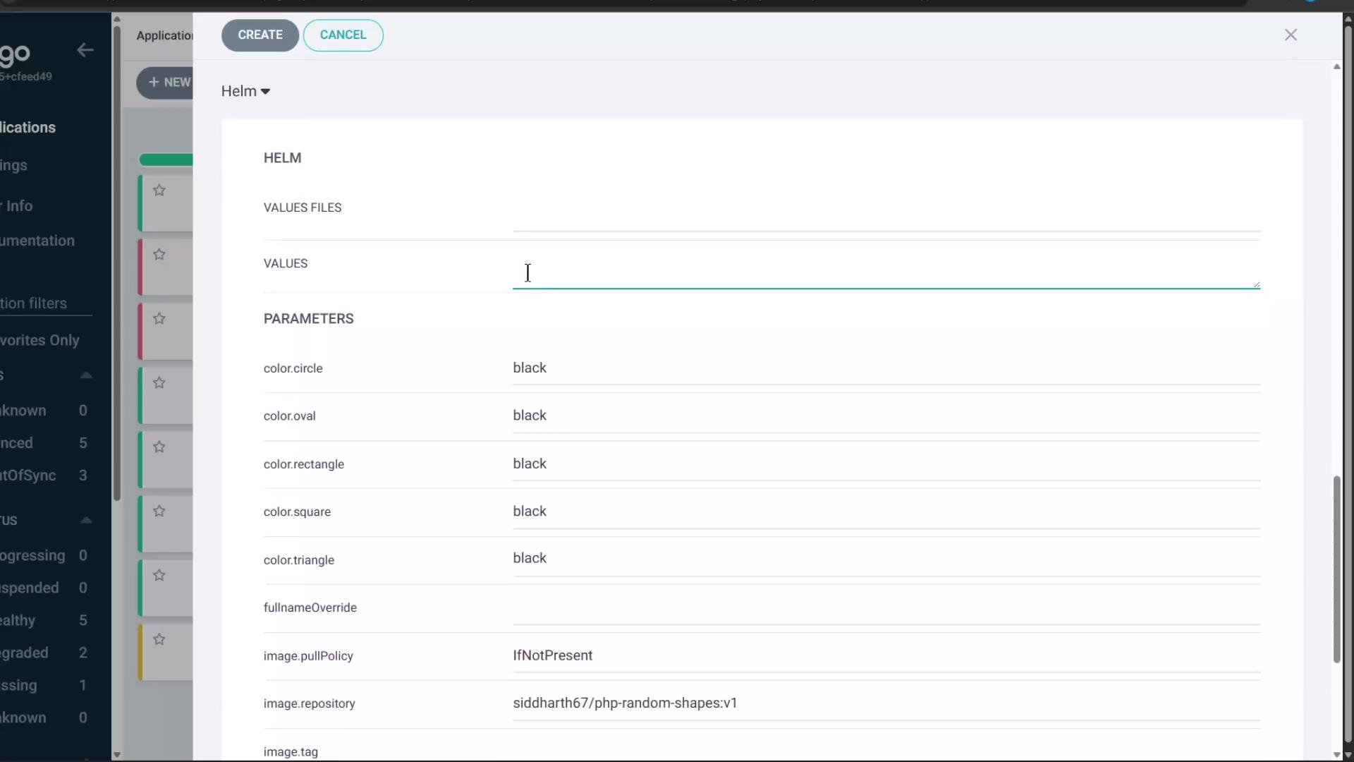 Screenshot of a web UI for creating a Helm release, showing a parameters form with entries like color.circle, color.oval, color.rectangle all set to "black" and image repository/pullPolicy fields. A navigation sidebar with applications is visible on the left.