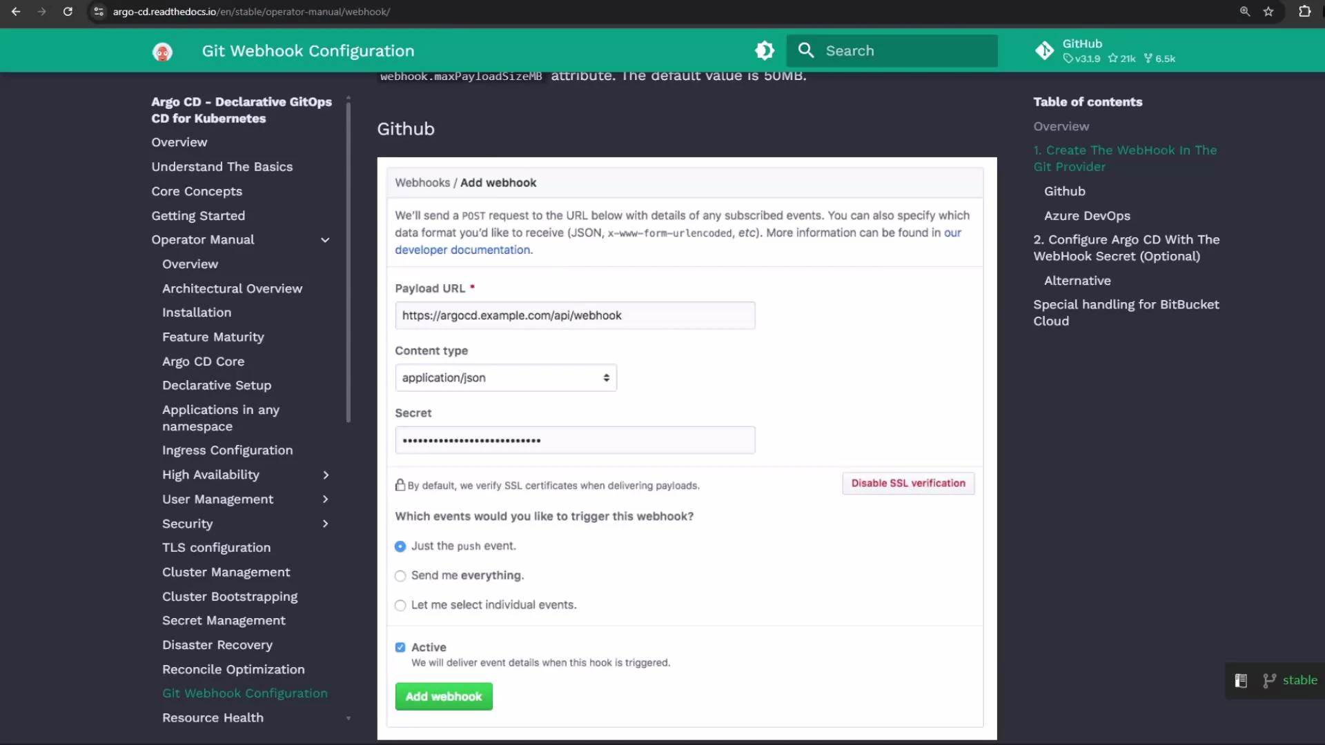A screenshot of an Argo CD documentation webpage showing the GitHub "Add webhook" form with fields for Payload URL, content type, secret, and event options. Navigation menus appear in sidebars on the left and right.