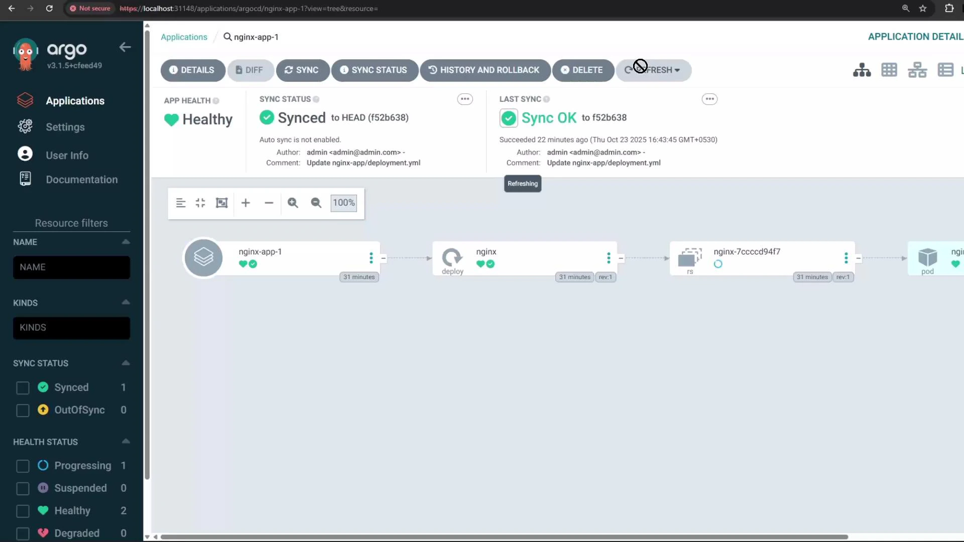 A screenshot of the Argo CD web interface showing the "nginx-app-1" application with "Healthy" app health and "Synced" sync status. The resource graph displays the nginx deployment flowing to a replicaset and pod.