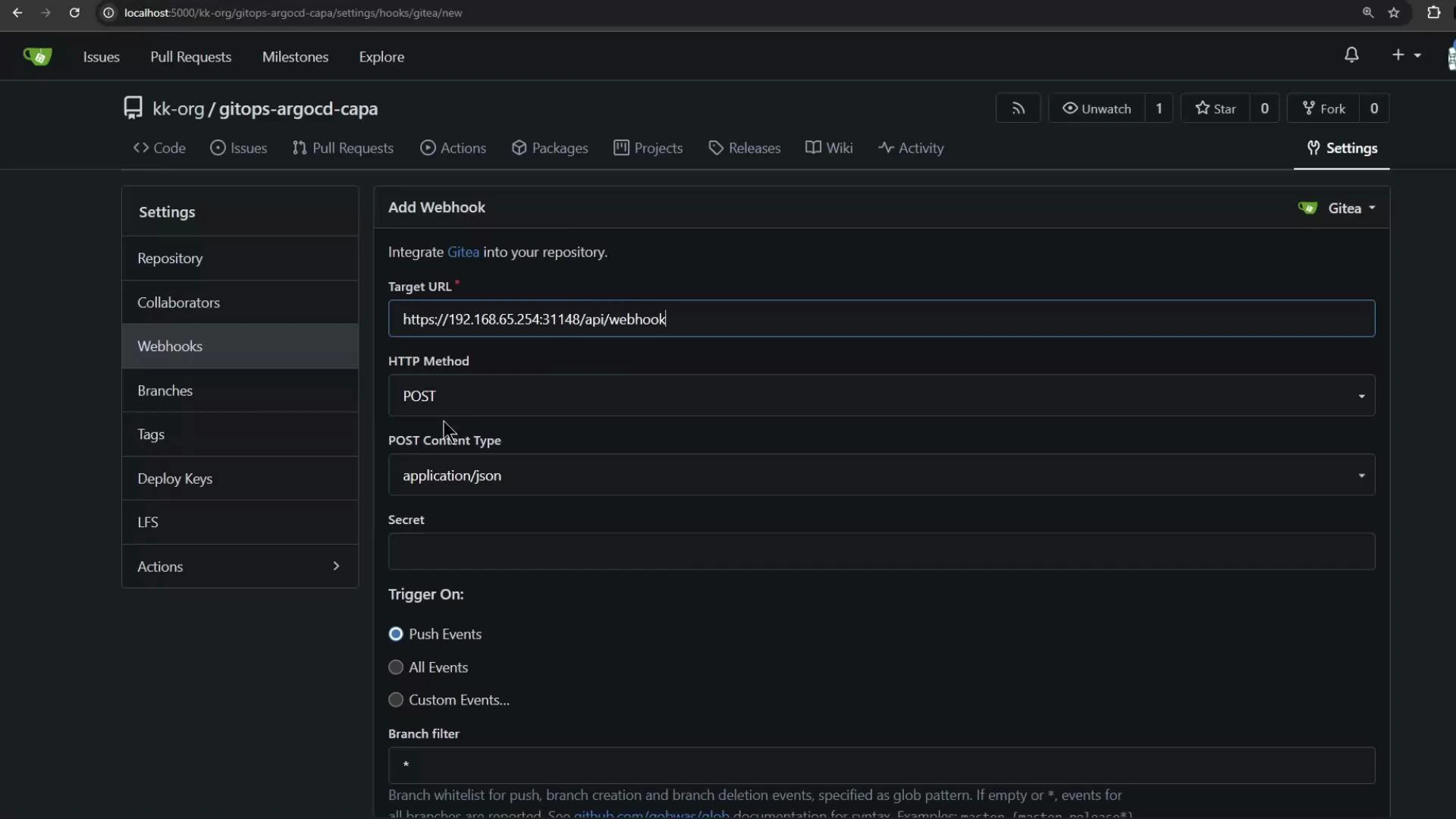 A dark-themed Gitea repository settings screen showing the "Add Webhook" form with the target URL set to https://192.168.65.254:31148/api/webhook, HTTP method POST, content type application/json, and "Push Events" selected as the trigger.