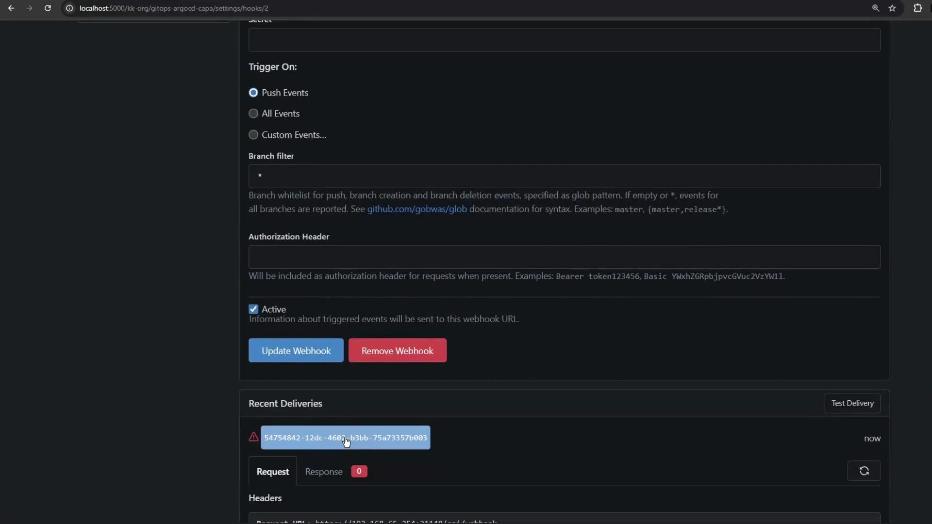 A dark-themed browser screenshot of a webhook settings page (served from localhost) showing trigger options (Push/All/Custom), a branch filter and authorization header field, plus "Update Webhook" and "Remove Webhook" buttons. Below is a "Recent Deliveries" panel showing a delivery entry marked with an error and request/response details.