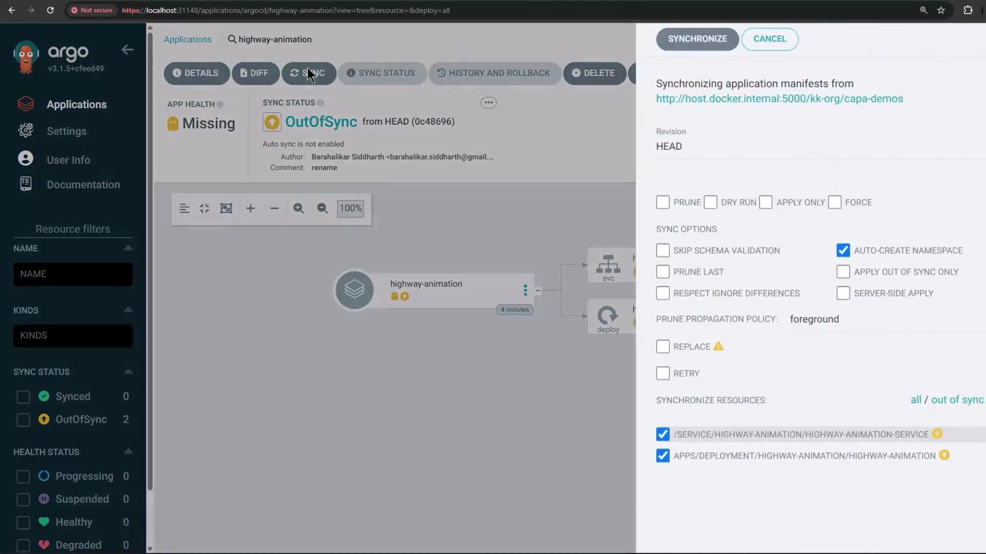 A screenshot of the Argo CD web UI showing the "highway-animation" application marked OutOfSync, with a Synchronize dialog open on the right and options like "Auto-create namespace" checked. The left sidebar shows navigation items (Applications, Settings) and resource filters.
