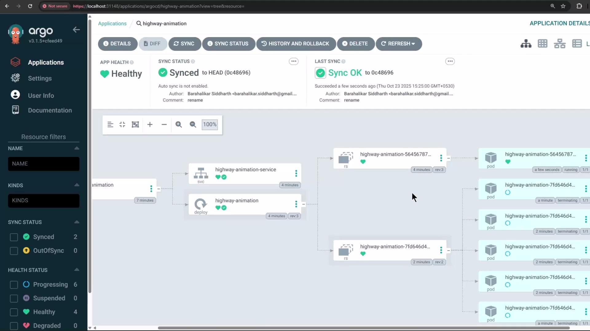 A screenshot of the Argo CD web UI for the "highway-animation" application showing App Health as Healthy and Sync status as Synced. The main area displays a resource tree diagram with service, deployment, replica sets and multiple pods, with a left sidebar for filters.