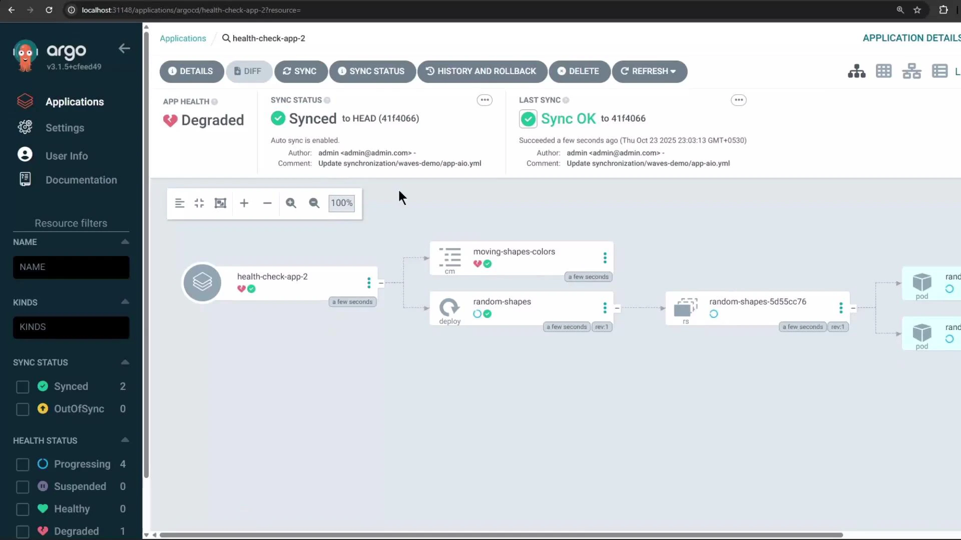 Screenshot of the Argo CD web interface showing an application named "health-check-app-2" with a "Degraded" health indicator and a "Synced" status. The main pane displays a resource graph linking components like "moving-shapes-colors" and "random-shapes" to their pods.