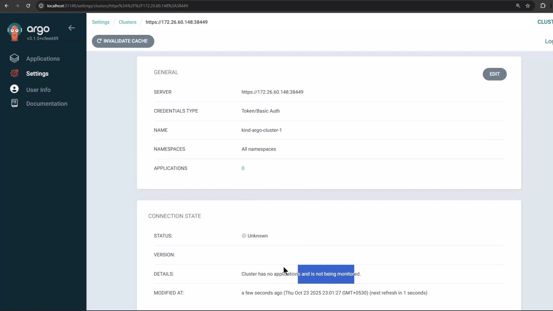 A screenshot of the Argo CD web UI showing the Settings → Clusters page with cluster details for https://172.26.60.148:38449 (name: kind-argo-cluster-1), credentials Token/Basic Auth, and namespaces set to All namespaces. The connection state reads "Unknown" and notes the cluster has no applications and is not being monitored.