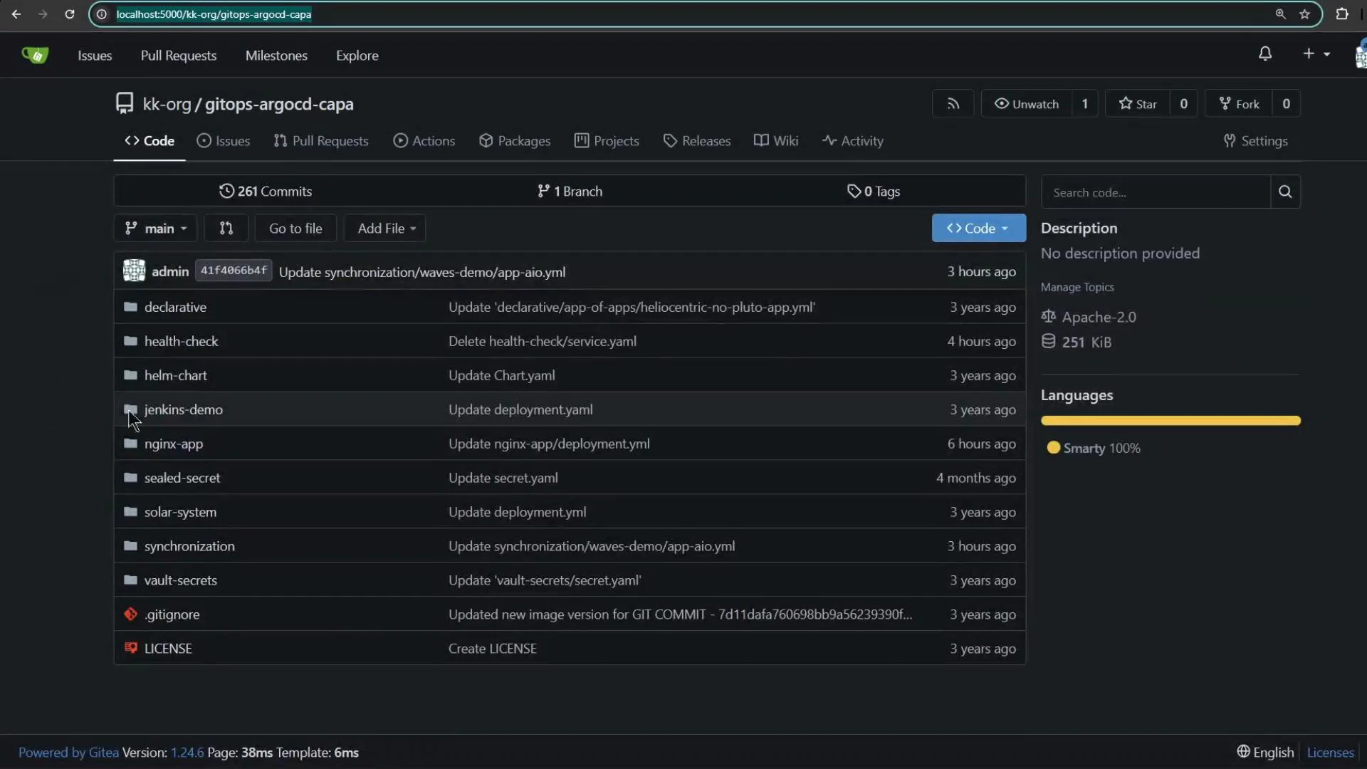 A dark-themed web interface for a Git repository (kk-org/gitops-argocd-capa) showing a list of folders and recent commit messages. The right sidebar displays repo details like license, size and language stats, and the top bar shows navigation tabs (Code, Issues, Pull Requests, etc.).