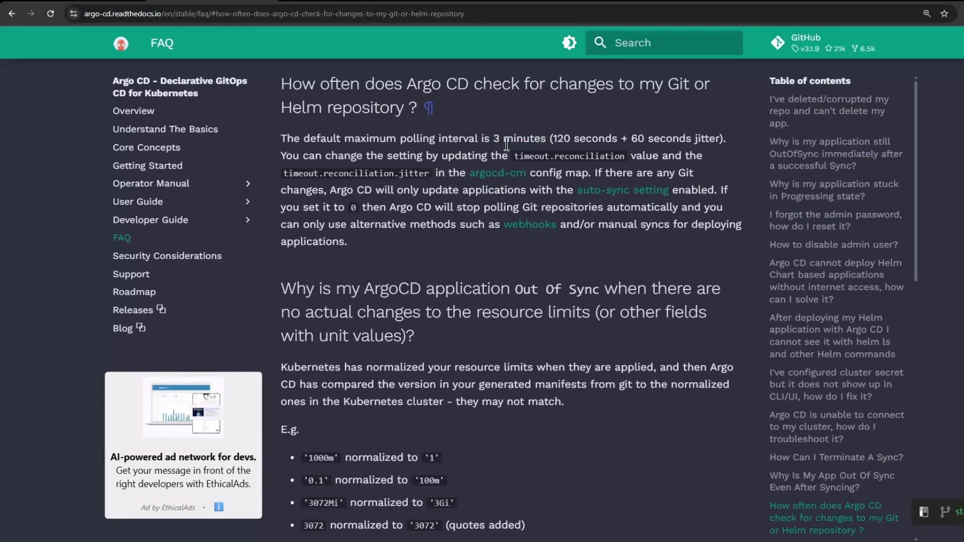A screenshot of the Argo CD documentation FAQ page showing the question "How
often does Argo CD check for changes to my Git or Helm repository?" with the
main text in the center, navigation links on the left, and a table of contents
on the
right.