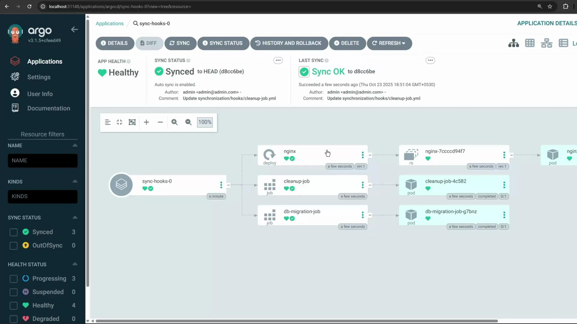 A screenshot of the Argo CD web UI showing the application "sync-hooks-0" marked Healthy and Synced, with a resource tree displaying components like nginx, cleanup-job, and db-migration-job. The top toolbar shows actions such as Details, Diff, Sync, History and Rollback.