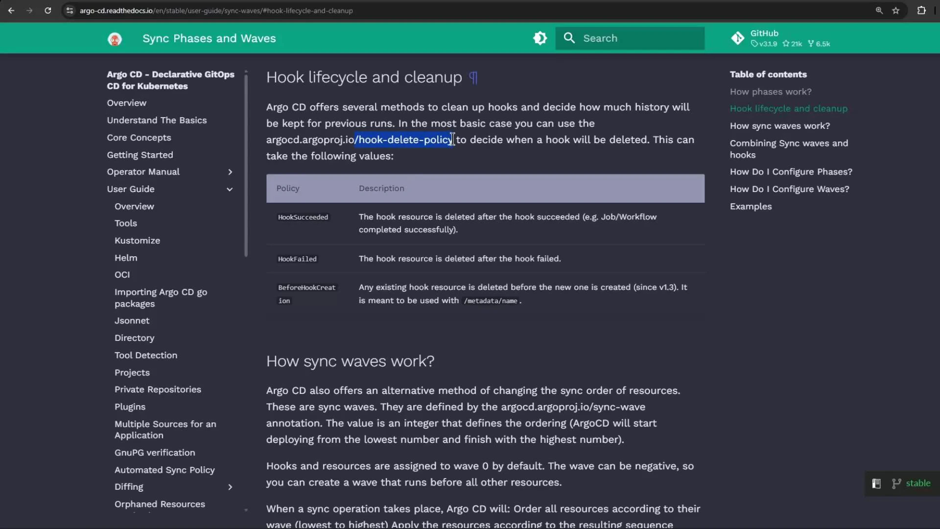 A screenshot of an Argo CD documentation page titled "Hook lifecycle and cleanup," showing a table of hook-delete policies and a section called "How sync waves work?" with left-side navigation and a right-hand table of contents.