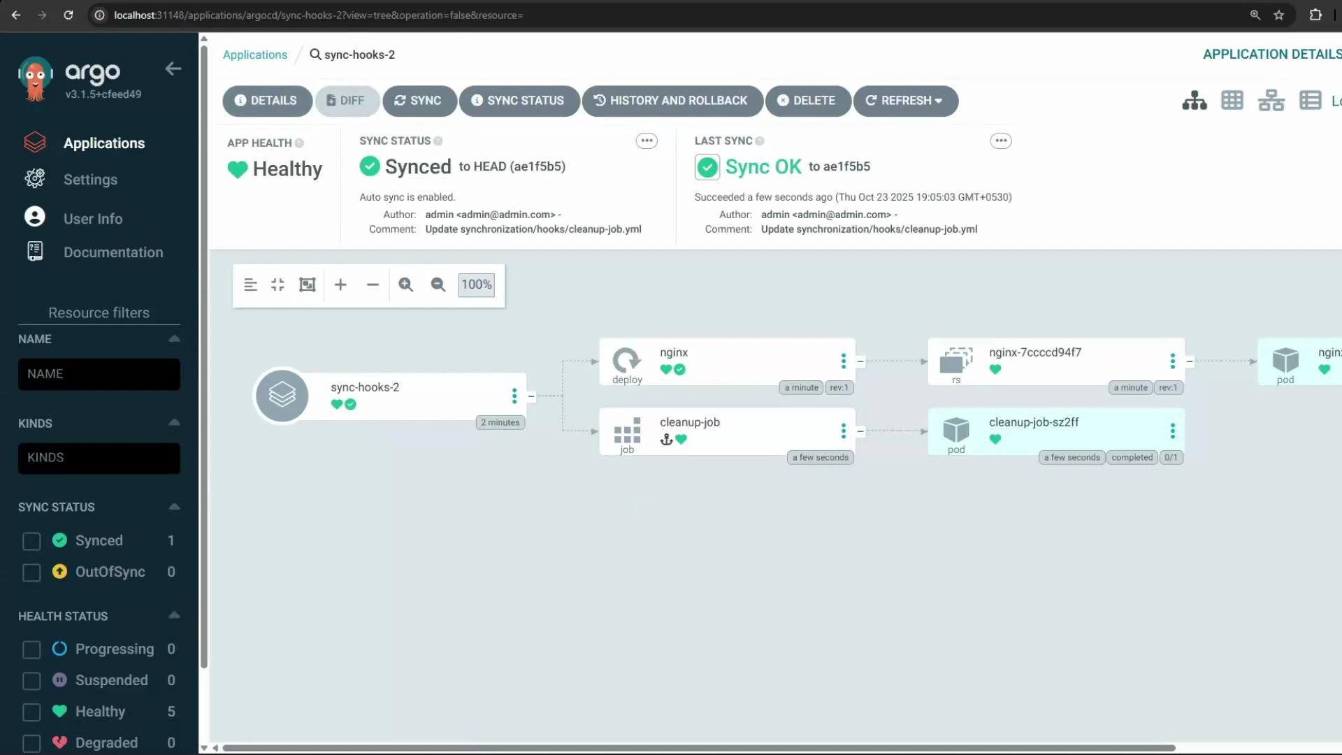 A screenshot of the Argo CD web UI showing the "sync-hooks-2" application with a Healthy app health and Synced status. The main pane displays a resource tree/diagram with deployable resources like nginx and a cleanup-job and their pods.