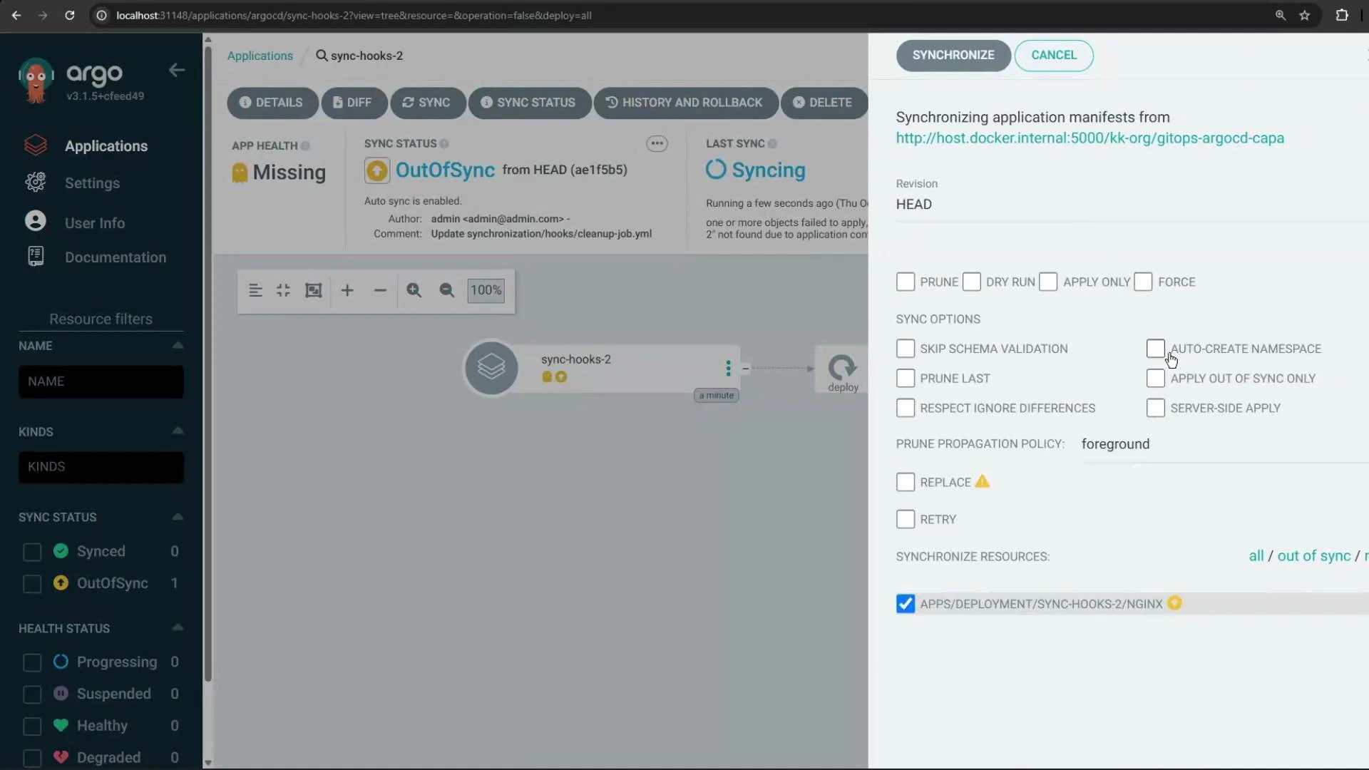 A screenshot of the Argo CD web UI showing the "sync-hooks-2" application marked OutOfSync and Missing, with a right-hand synchronize panel displaying sync options and checkboxes.