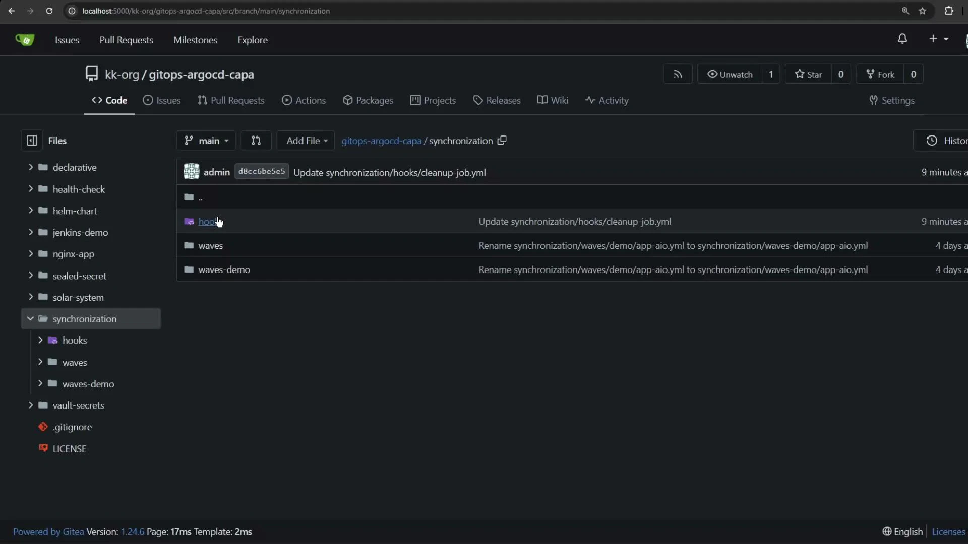 A dark-themed Gitea repository page showing the kk-org/gitops-argocd-capa project with the "synchronization" folder open, listing subfolders like hooks, waves, and waves-demo. The left sidebar shows the repo file tree and the main pane shows recent file commits.