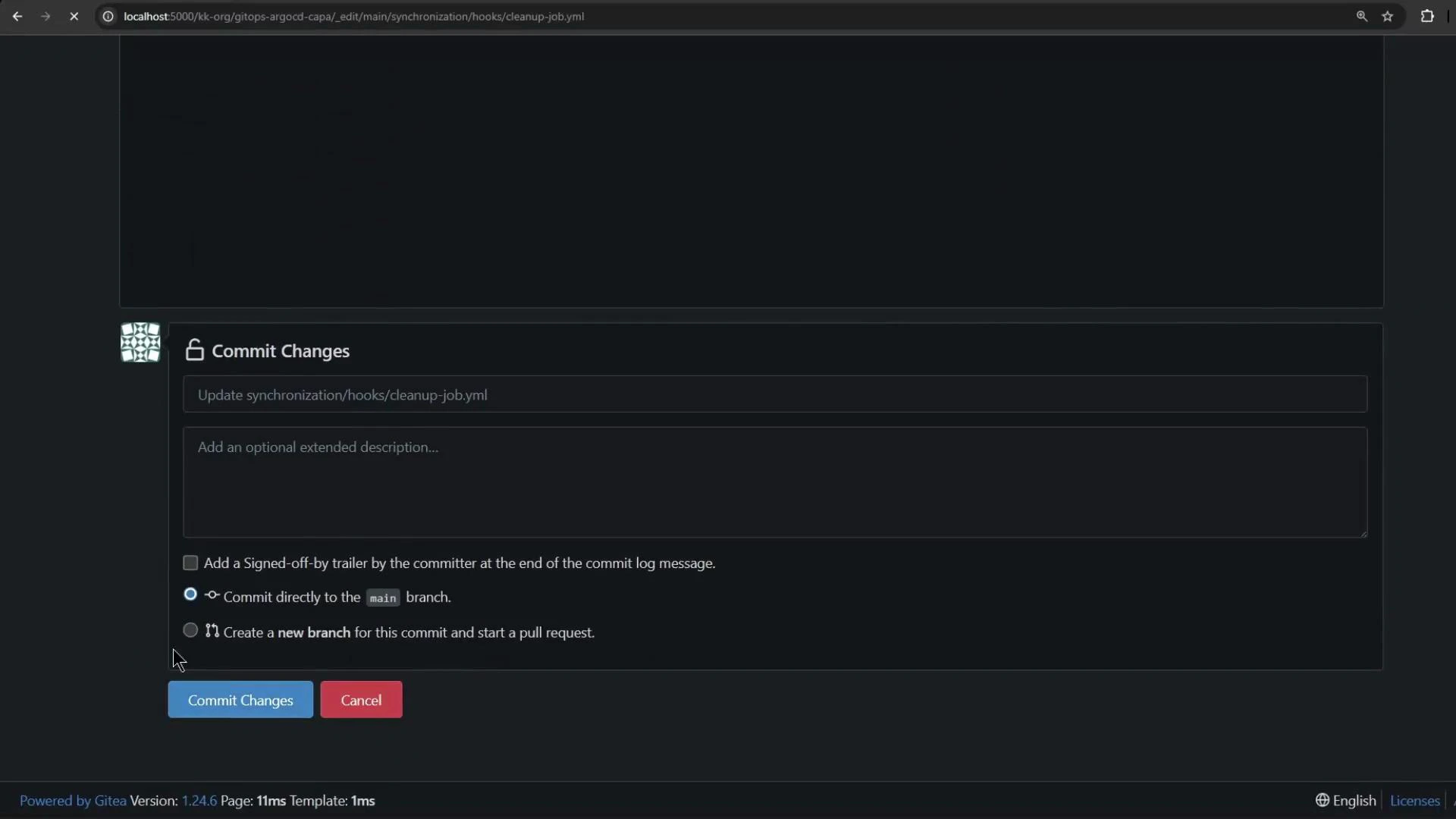A dark-themed Gitea web interface showing a "Commit Changes" form with fields for a commit message and description, options to commit to the main branch or create a new branch, and blue "Commit Changes" and red "Cancel" buttons. The footer displays "Powered by Gitea" and version information.
