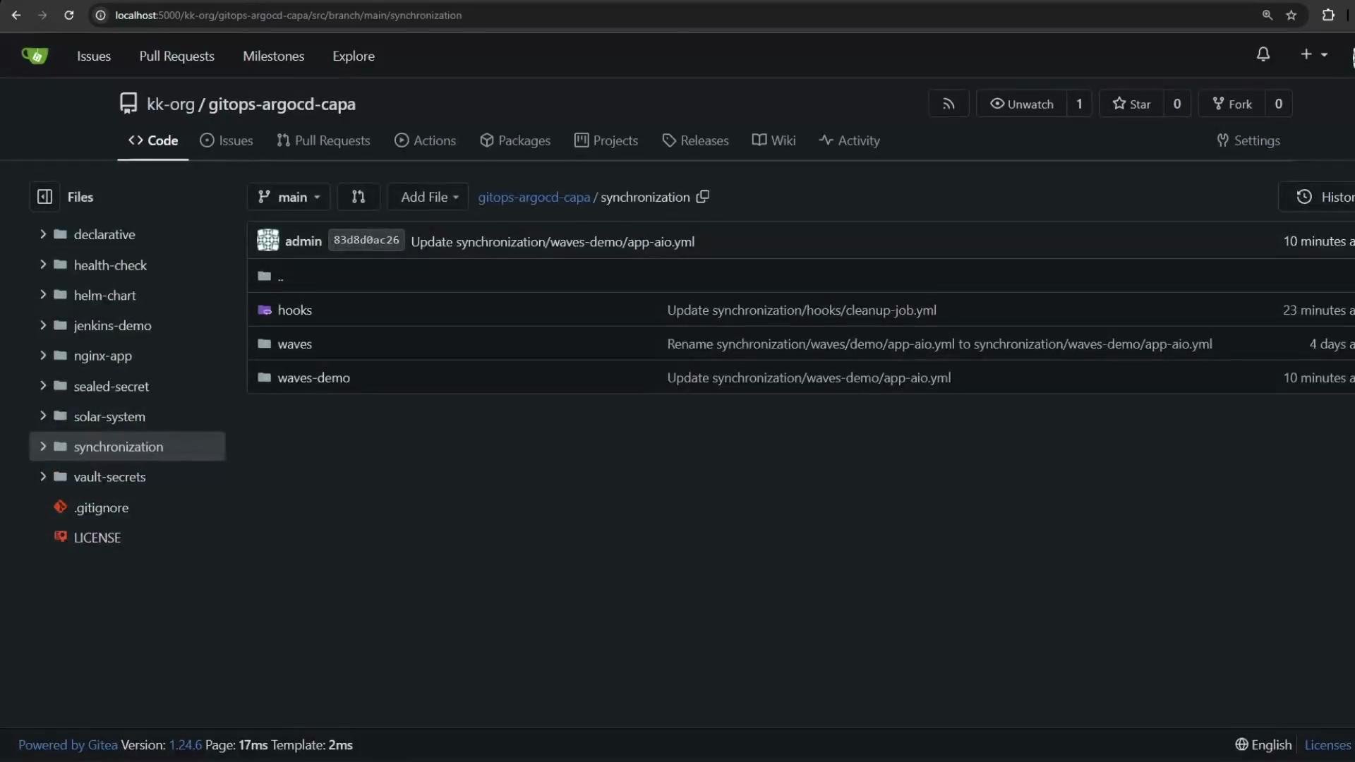 A dark-themed Gitea repository page showing the kk-org/gitops-argocd-capa project with the "synchronization" folder open, listing subfolders (hooks, waves, waves-demo) and recent commit messages. The left sidebar shows other repository directories like helm-chart, nginx-app, and vault-secrets.