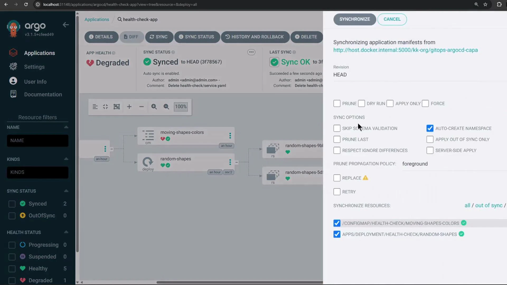 A screenshot of the Argo CD web UI showing the "health-check-app" with a resource graph and status indicators (App Health: Degraded, Sync Status: Synced). A synchronization panel on the right lists sync options and the selected resources to synchronize.