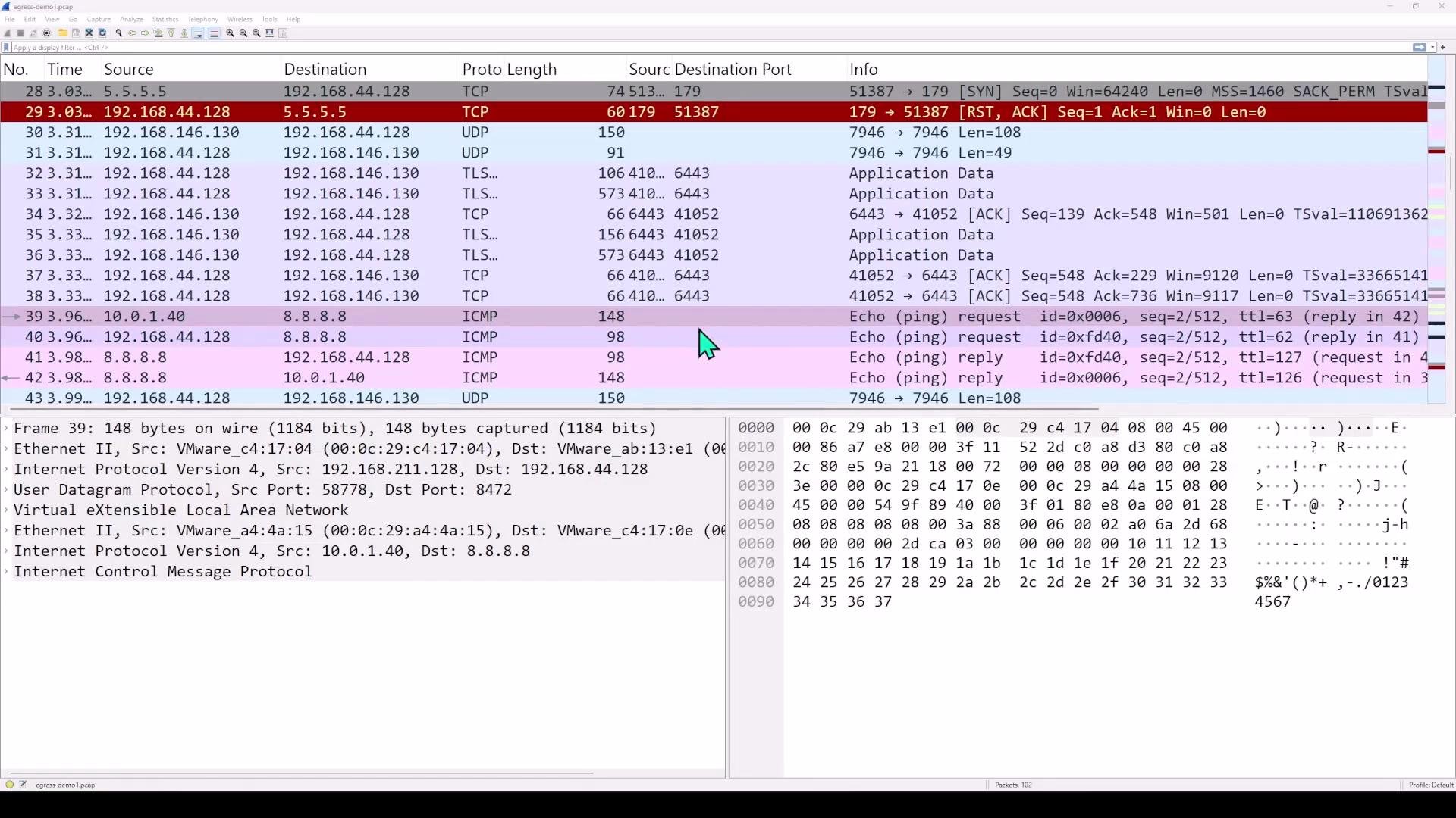 A Wireshark packet-capture window showing a list of network packets (TCP, UDP, ICMP, TLS) with columns for source/destination, ports, and info. The lower panes display the selected packet's protocol details and hex/ASCII dump.