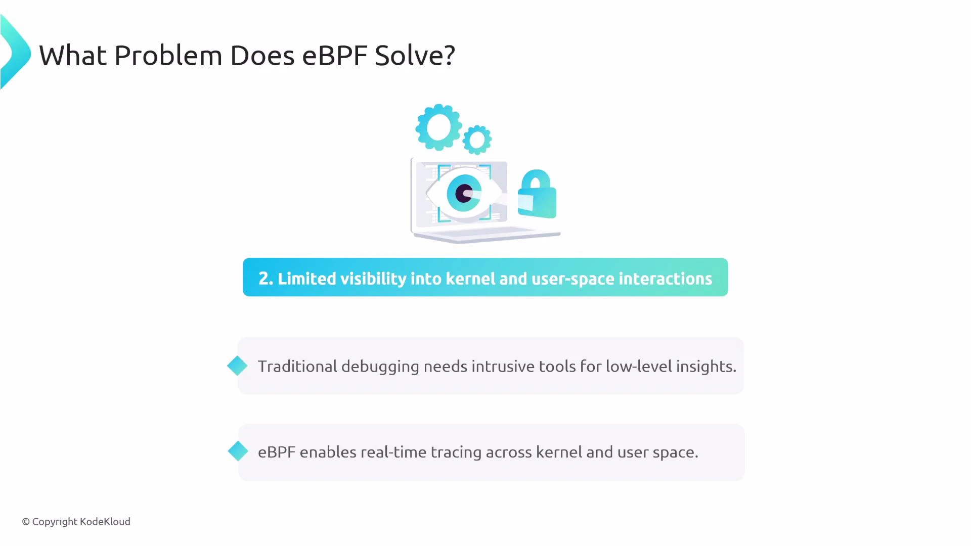 A presentation slide titled "What Problem Does eBPF Solve?" highlighting "Limited visibility into kernel and user-space interactions." It notes that traditional debugging is intrusive while eBPF enables real-time tracing across kernel and user space, and includes an illustration of a laptop with an eye, gears, and a padlock.