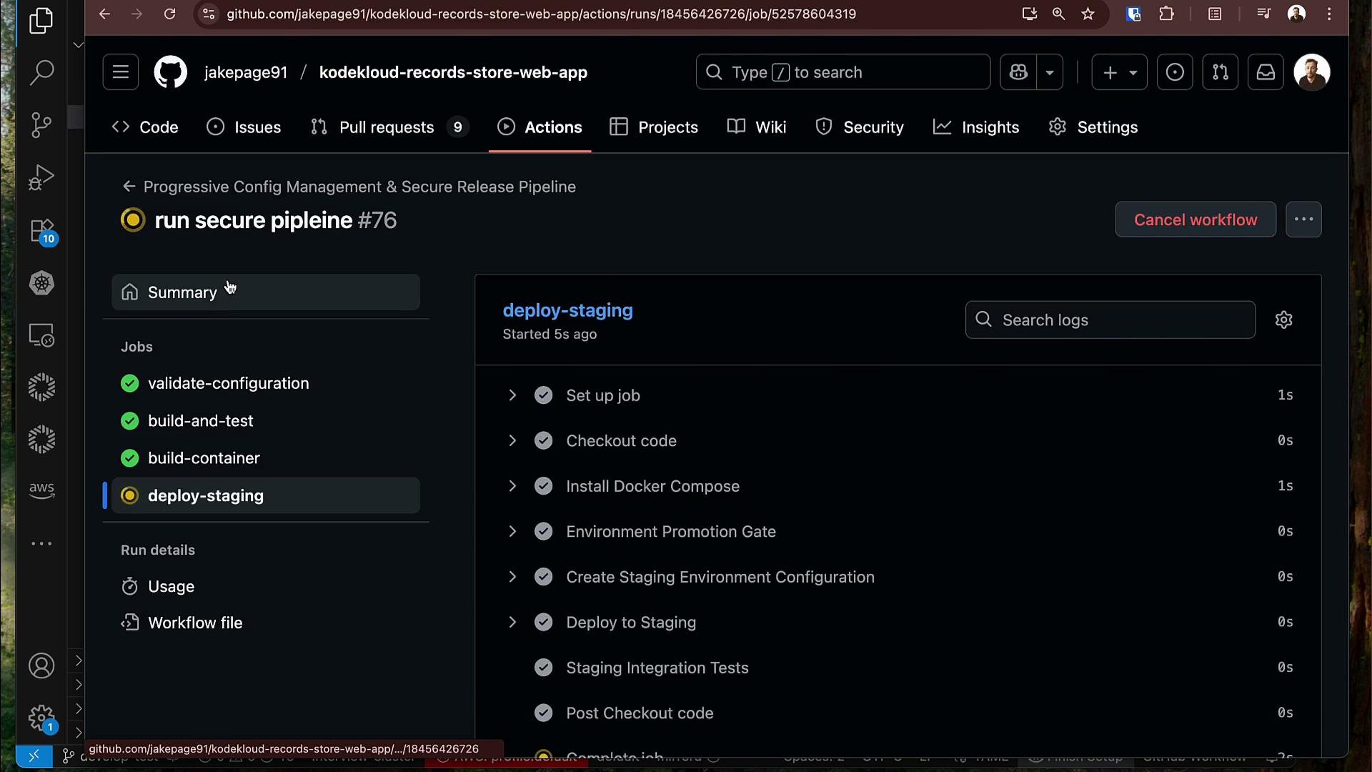 A screenshot of a GitHub repository's Actions page showing a workflow run titled "run secure pipeline #76." The right pane shows the "deploy-staging" job and its steps (Set up job, Checkout code, Install Docker Compose, Create Staging Environment, Deploy to Staging, etc.).