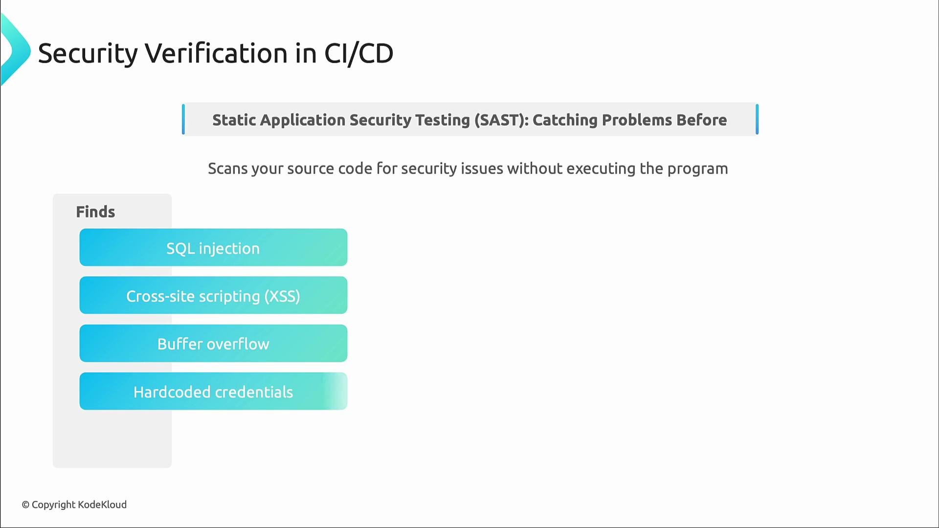 The image is a presentation slide titled "Security Verification in CI/CD" explaining Static Application Security Testing (SAST) which scans source code for security issues without running the program. A sidebar lists common findings: SQL injection, cross-site scripting (XSS), buffer overflow, and hardcoded credentials.