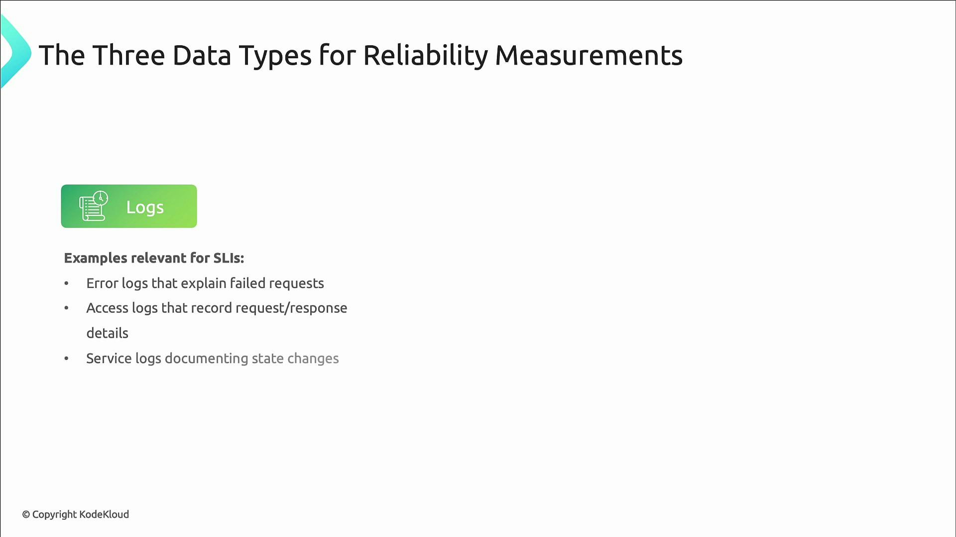 A presentation slide titled "The Three Data Types for Reliability Measurements" highlighting "Logs" as a data type. It lists examples relevant for SLIs: error logs, access logs, and service logs.