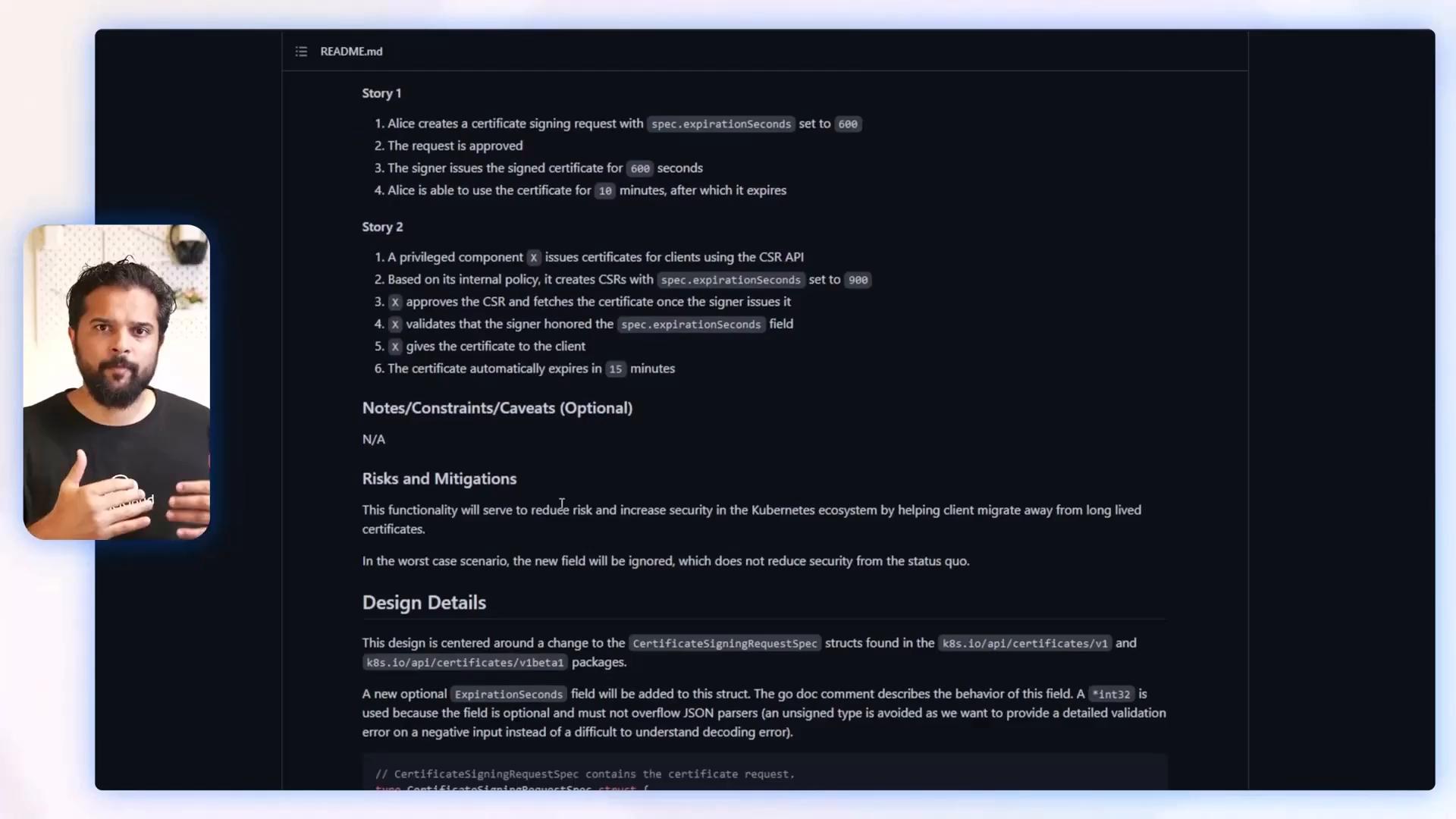 A dark-themed README/documentation page about certificate signing requests and design details is displayed, with numbered "Story" steps and notes. On the left there's a small inset video or webcam of a man gesturing.