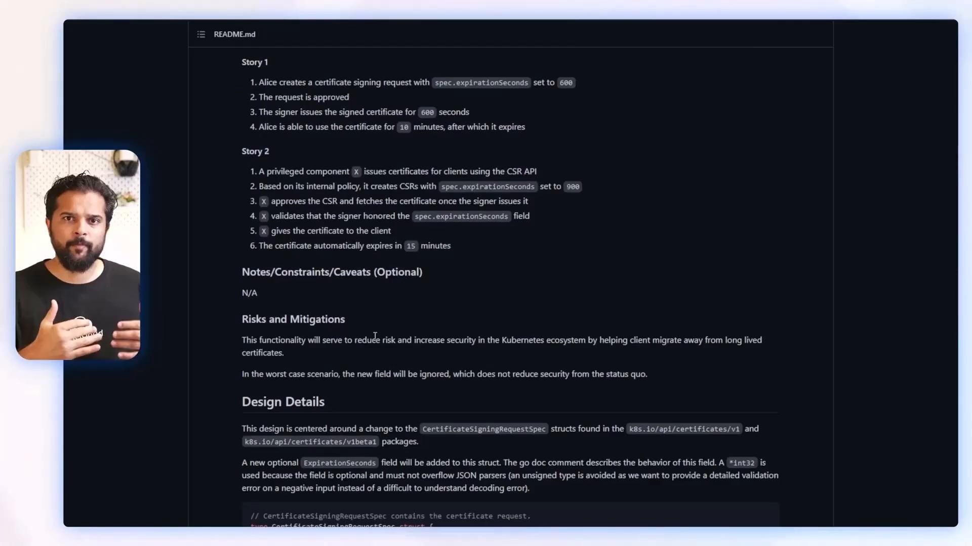 A dark-themed README/documentation page about certificate signing requests and design details is displayed, with numbered "Story" steps and notes. On the left there's a small inset video or webcam of a man gesturing.