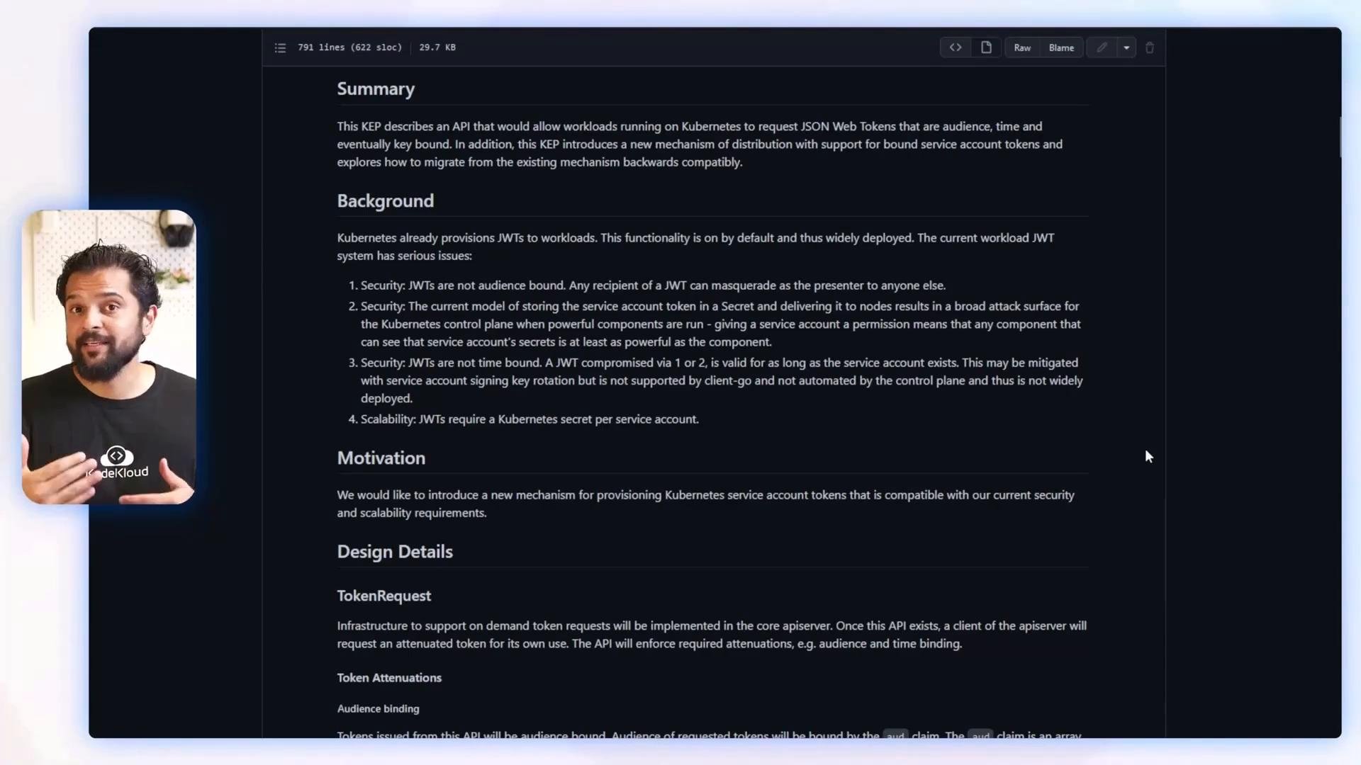 A dark-themed webpage or document about Kubernetes and JSON Web Tokens with headings like "Summary", "Background", and "Design Details." On the left is a small rounded video overlay showing a bearded man speaking.