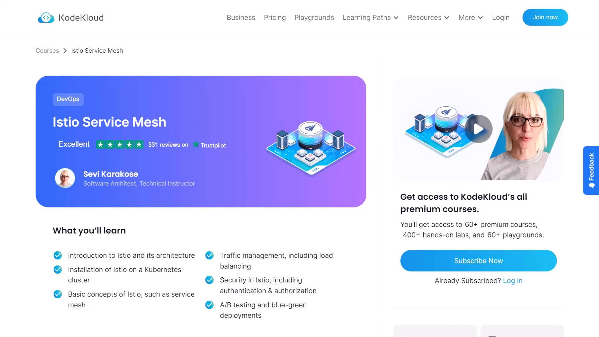 A KodeKloud course page for "Istio Service Mesh" showing the course title, ratings, learning objectives, and an instructor's photo. The right column promotes subscription access to the site's premium courses.