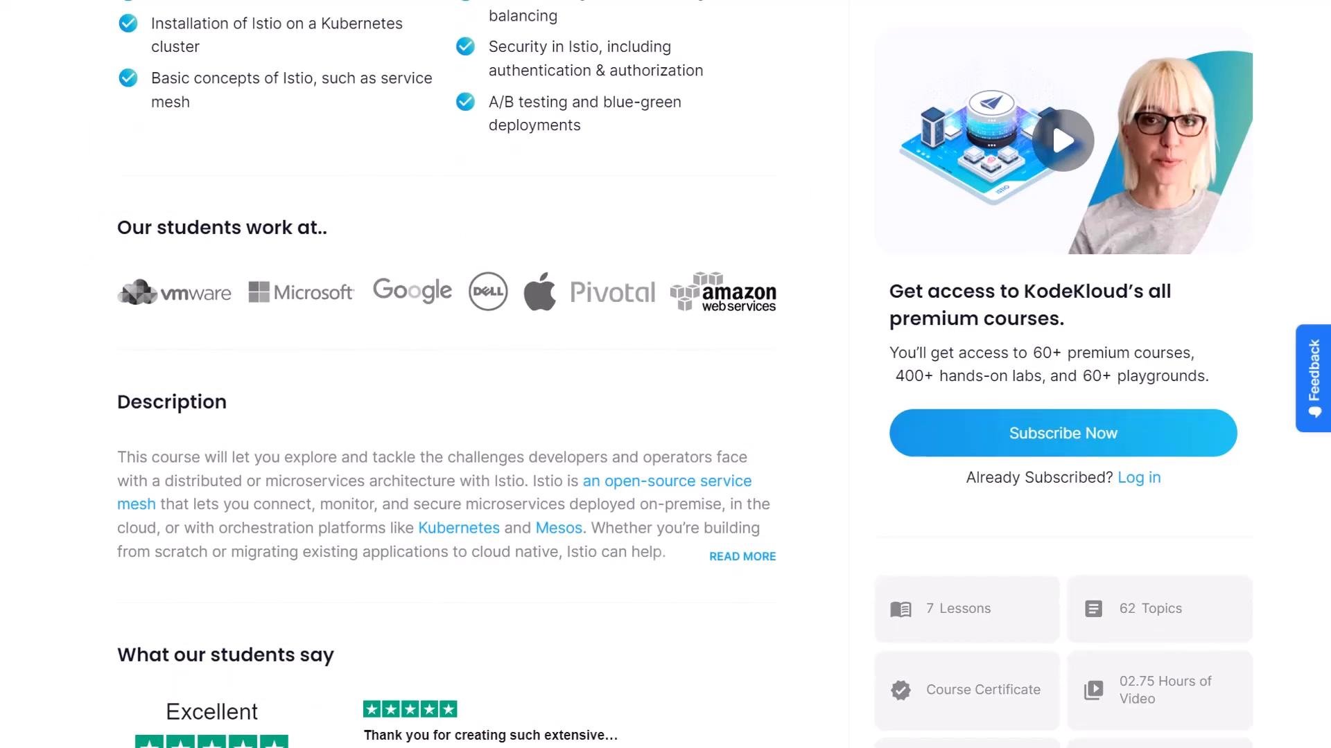 A screenshot of an online course page showing a list of tech company logos under "Our students work at..." (VMware, Microsoft, Google, Dell, Apple, Pivotal, AWS) and a course description. The right sidebar features a promotional panel with an instructor headshot, a play icon, and a "Subscribe Now" button.