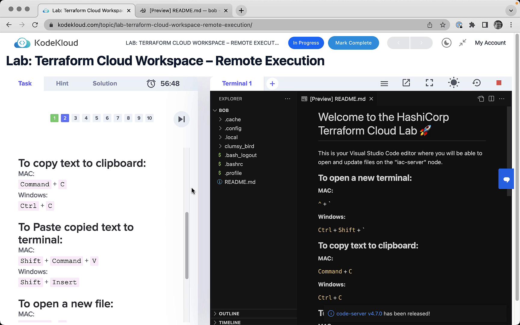 A browser window open to a KodeKloud lab titled "Lab: Terraform Cloud Workspace – Remote Execution." The left side shows copy/paste and terminal shortcut instructions while the right side displays a Visual Studio Code preview of a Terraform Cloud README.
