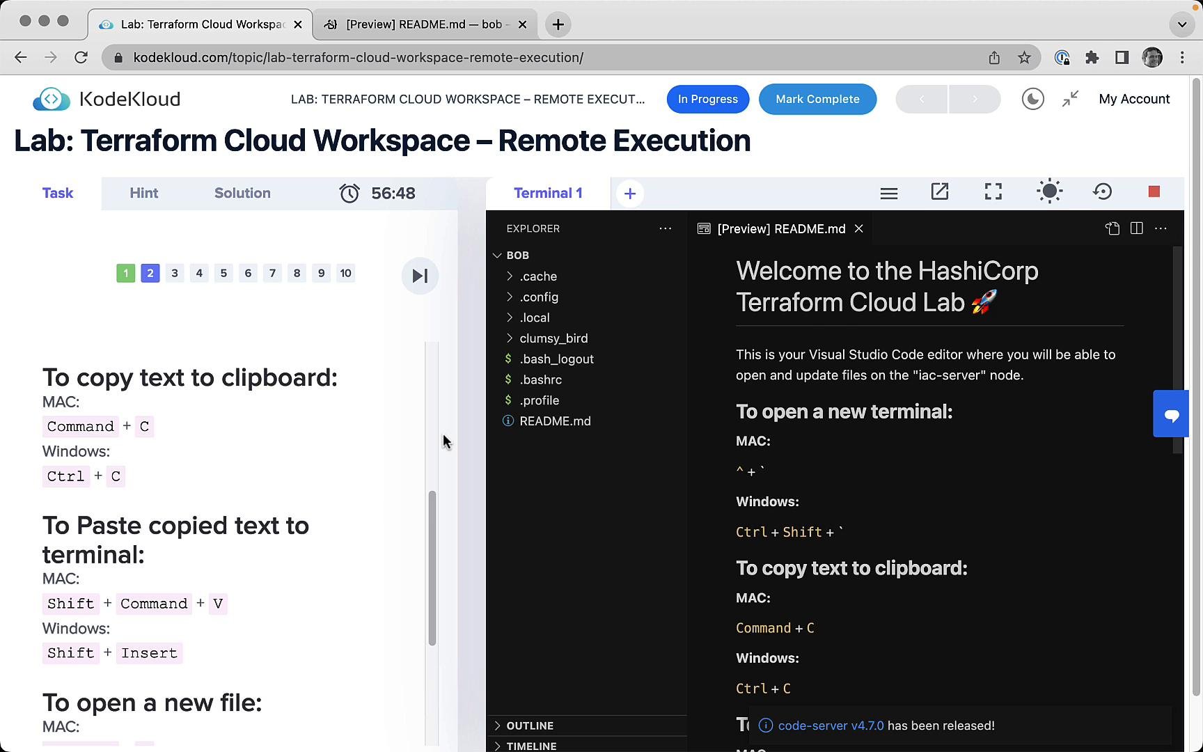 A browser window open to a KodeKloud lab titled "Lab: Terraform Cloud Workspace – Remote Execution." The left side shows copy/paste and terminal shortcut instructions while the right side displays a Visual Studio Code preview of a Terraform Cloud README.