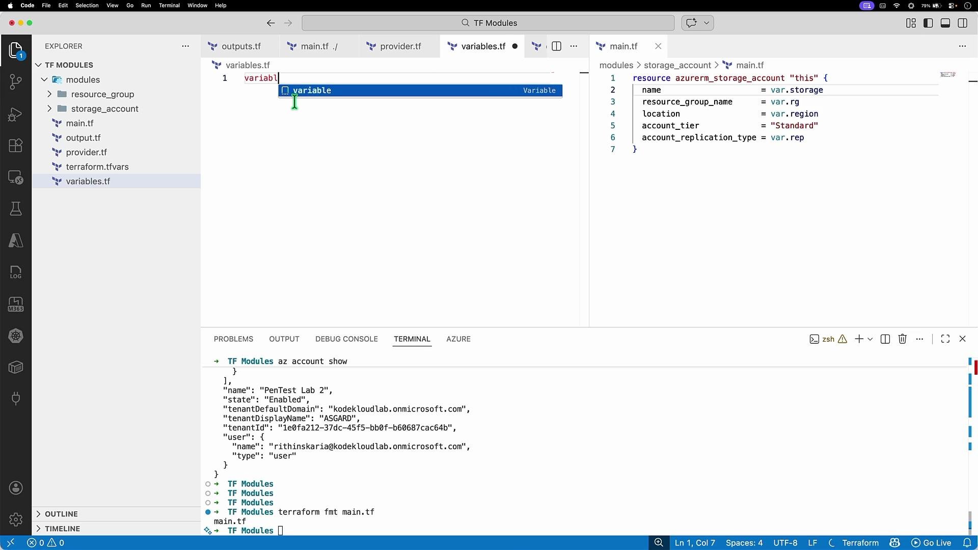 The image shows a Visual Studio Code interface with Terraform configuration files open, displaying code related to Azure storage account resources. The terminal at the bottom has some Azure account information displayed.