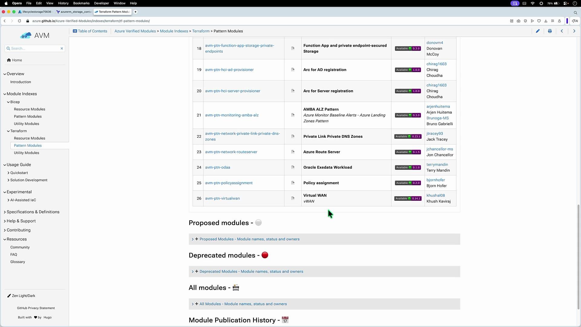 The image displays a webpage from Azure Verified Modules index with a list of Terraform pattern modules, each showing details like version and author. Navigation options are visible on the left sidebar.