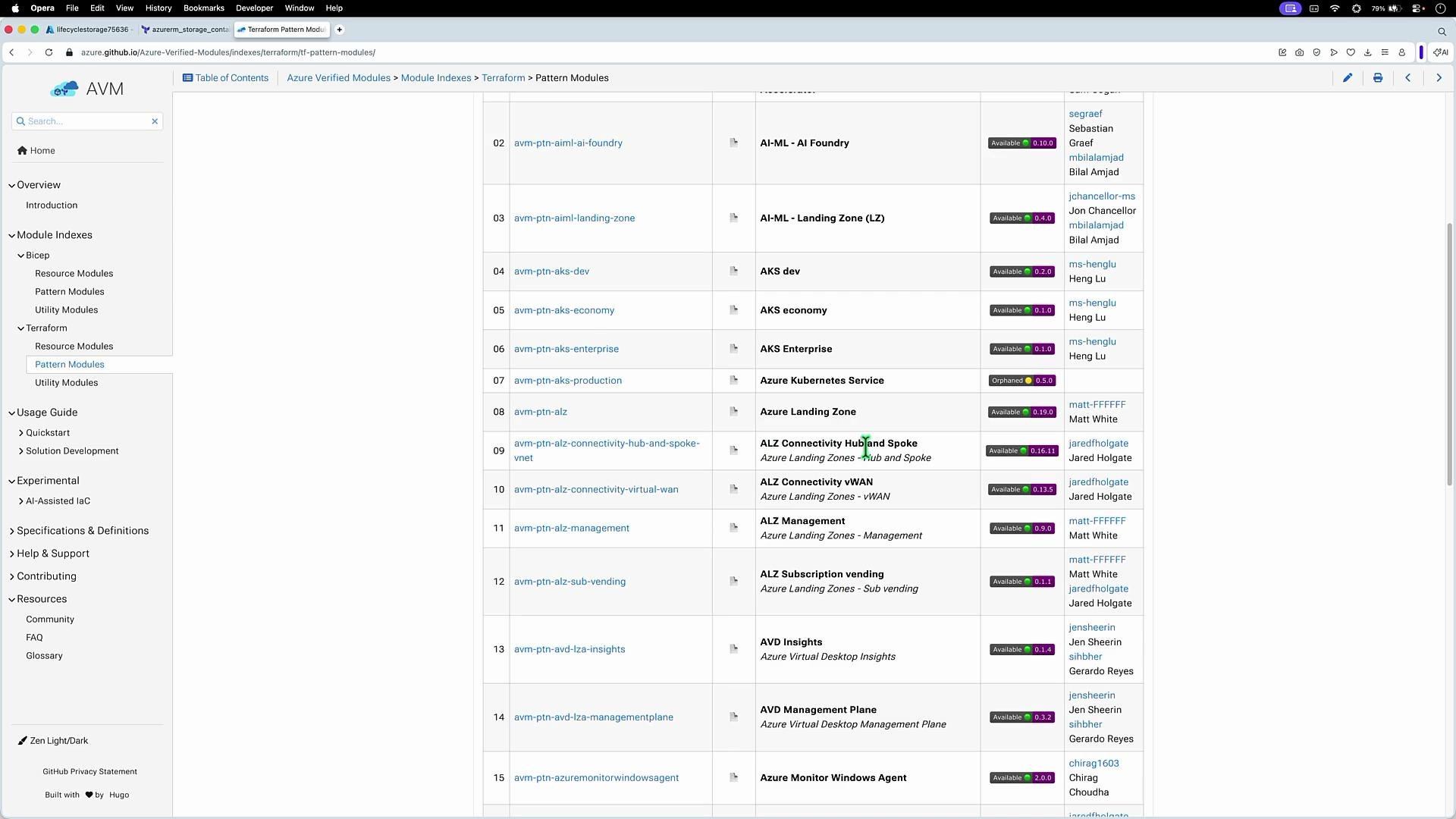 The image shows a webpage from a GitHub site, specifically detailing a list of Azure Verified Modules related to Terraform, with information on pattern module names, descriptions, and versions.