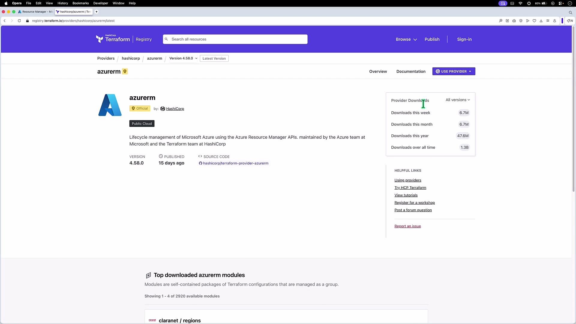 The image shows a webpage from the HashiCorp Terraform Registry, specifically for the "azurerm" provider, which manages Microsoft Azure resources. It displays version information and download statistics for the provider.