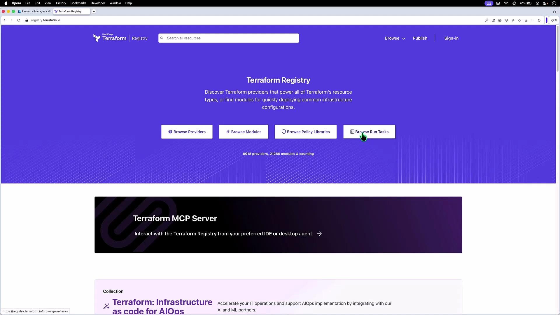 The image shows the Terraform Registry website, featuring options to browse providers, modules, policy libraries, and run tasks against a purple background. A section about the Terraform MCP Server is also visible below.