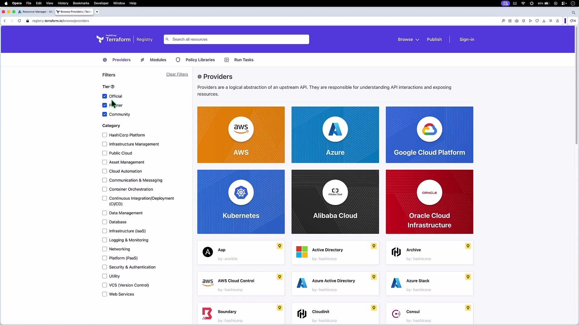The image is a screenshot of the Terraform registry, displaying various cloud providers like AWS, Azure, Google Cloud Platform, and more, with filters for tier and category on the left panel.