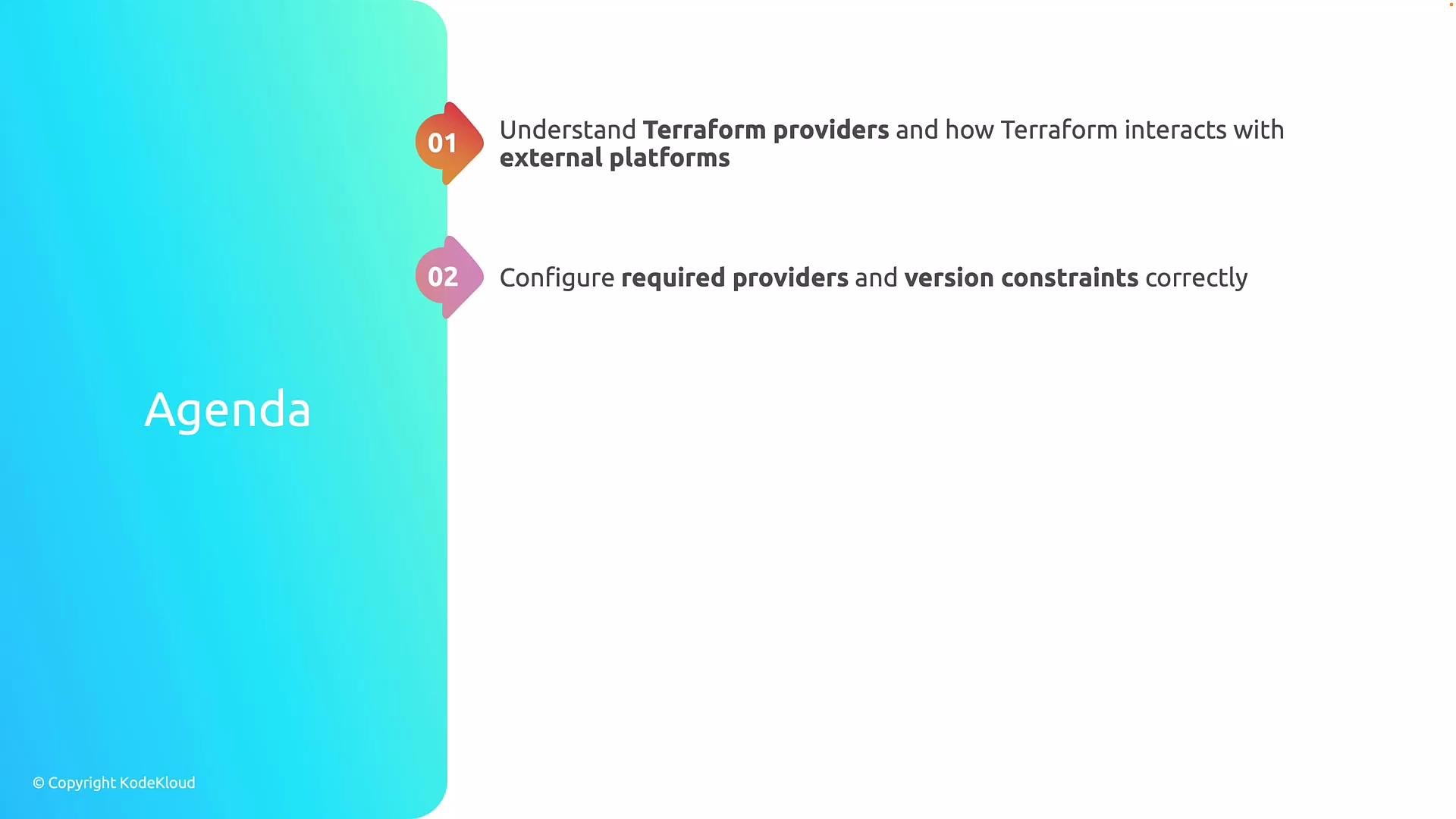 The image shows an agenda with two points: understanding Terraform providers and configuring required providers with version constraints. It has a gradient blue background with numbered markers for each agenda point.