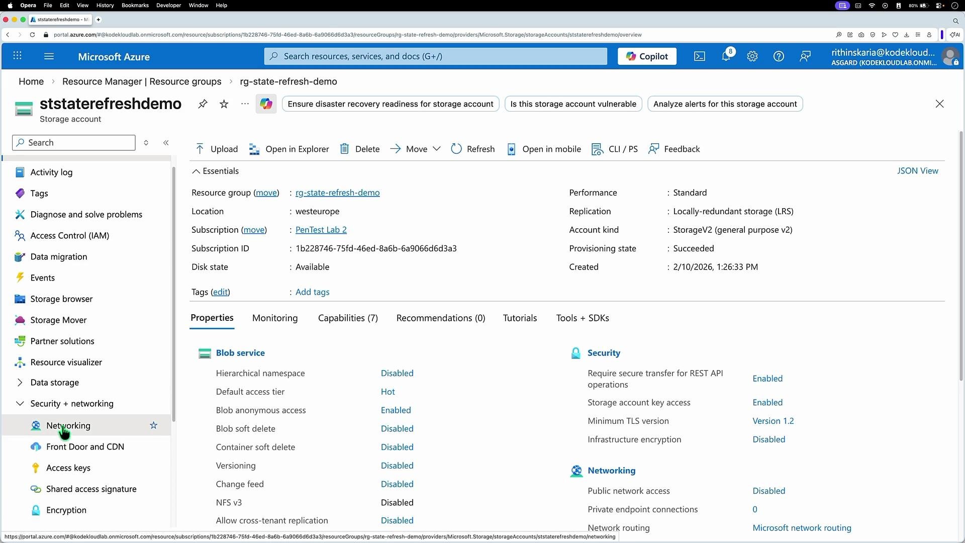 This image shows a Microsoft Azure portal interface for managing a storage account named "ststaterefreshdemo," displaying properties like resource group, location, and security settings. Various features and settings related to the storage account are also shown, including Blob service configurations, security, and networking.