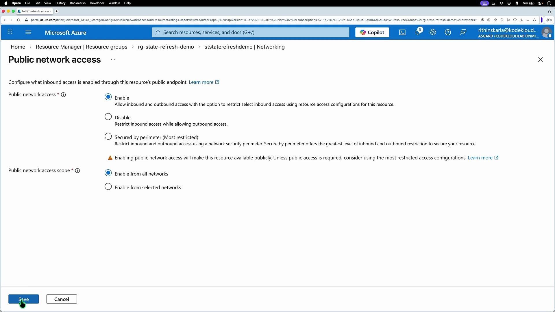 The image shows a Microsoft Azure settings page for configuring public network access, with options to enable or restrict access for a resource. It features selections for the scope of access, including options for all networks or selected networks.